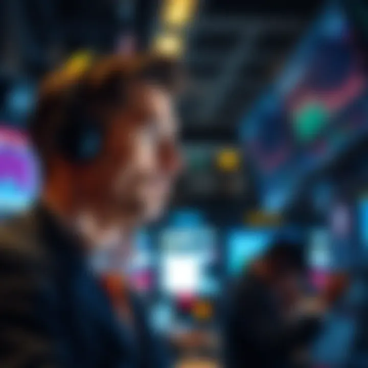 Traders looking at stock screens with a focused expression as market prices rise.