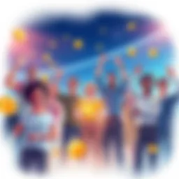 An illustration of a diverse group of people engaged in trading stocks, precious metals, and real-world assets with digital tokens, celebrating their daily rewards.