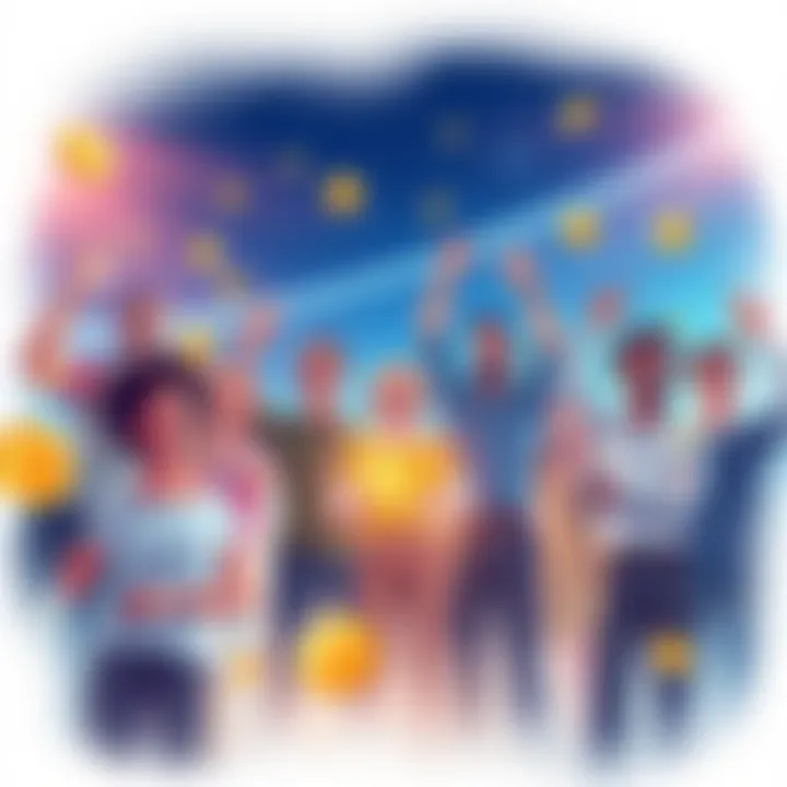 An illustration of a diverse group of people engaged in trading stocks, precious metals, and real-world assets with digital tokens, celebrating their daily rewards.