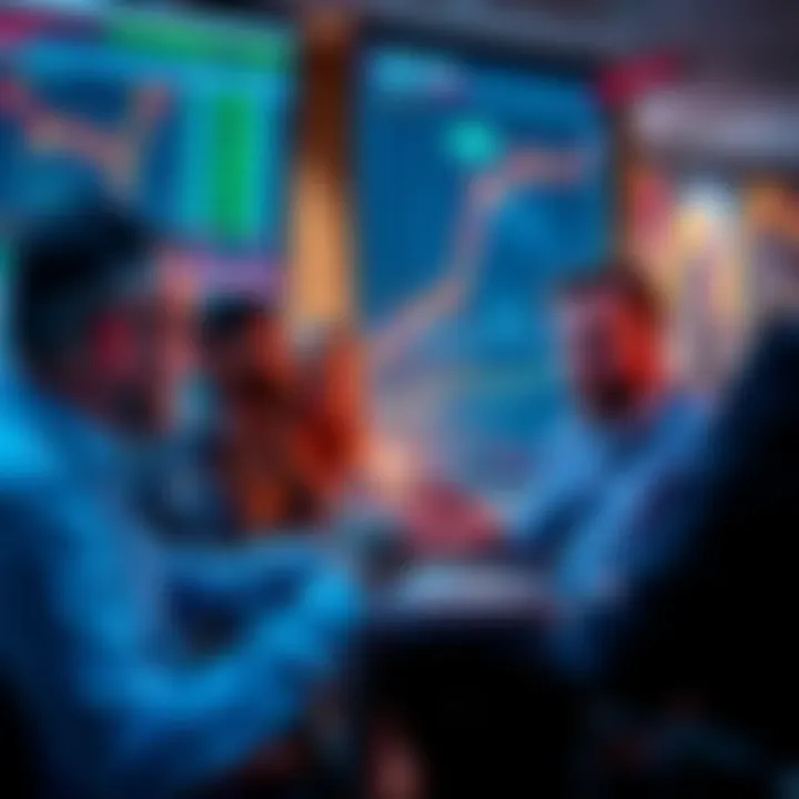 A group of people sharing trading strategies and insights in a lively discussion, with charts and graphs in the background