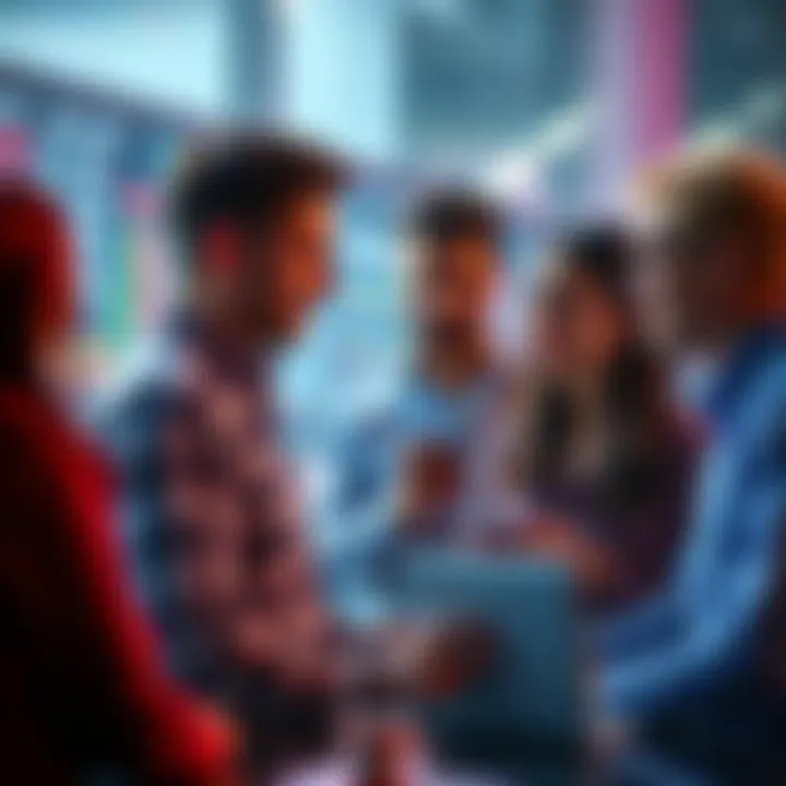 A group of people engaged in a lively discussion about trading strategies and market trends.