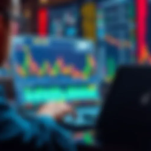 A person using a laptop with a VPN connection while trading on MEXC, watching charts and prices with a focused expression.