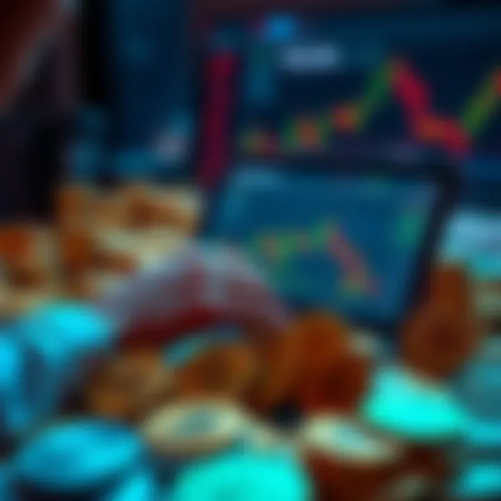 A person analyzing a chart on a laptop while surrounded by coins labeled as scamcoins, looking to maximize profits.