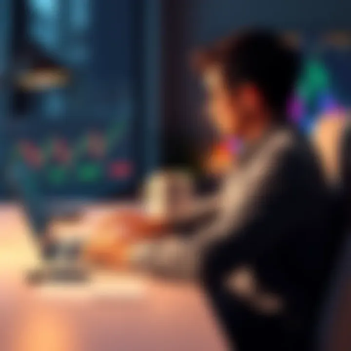 Trading and Living A person sitting at a desk with a laptop, looking at trading charts while holding a cup of coffee, symbolizing the balance between earning and a comfortable lifestyle.
