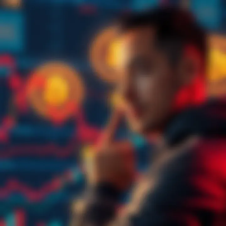 A person contemplating a cryptocurrency trade between AVAX and BTC with digital currency symbols in the background.