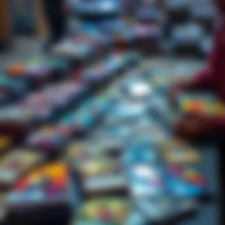 Colorful trading cards displayed on a table, some with price tags showing low prices, illustrating the trend of selling valuable cards at a loss.