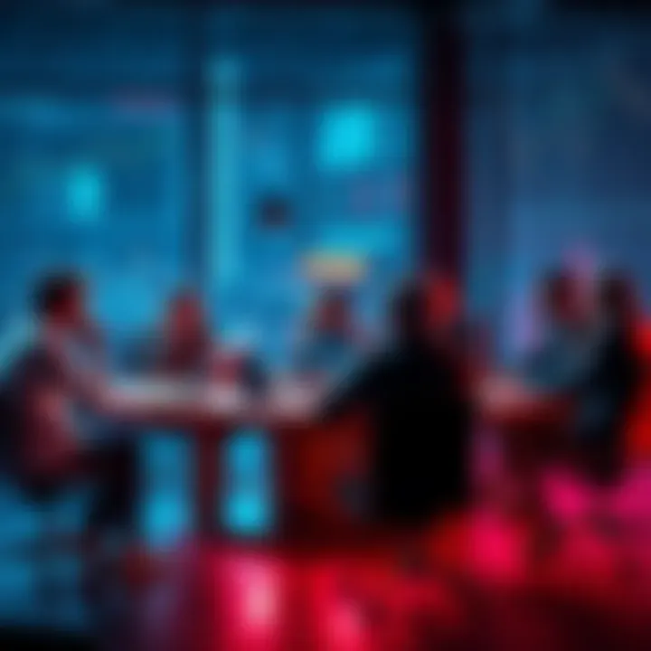 A group of people sharing ideas on trading strategies and market analysis at a round table with charts and laptops