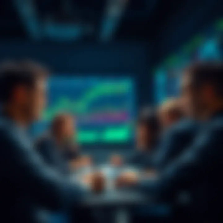 A group of people engaged in a discussion about trading strategies and current events, with charts and trading screens in the background.