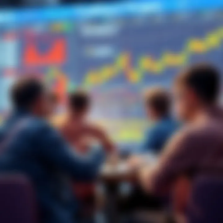 A graphic showing a group of people engaged in a discussion about trading strategies on a forum, with charts and graphs in the background.