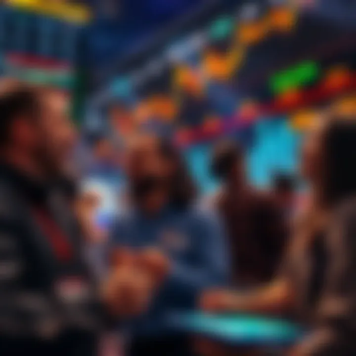 Group of people engaged in trading activities, discussing swaps and buys, with charts in the background