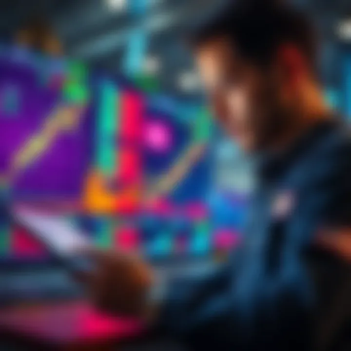 Trading on Global Markets A trader analyzing charts on a digital device, focusing on tokenized stock pairs in global markets, with graphs showing rising trends and rewards depicted in coins.