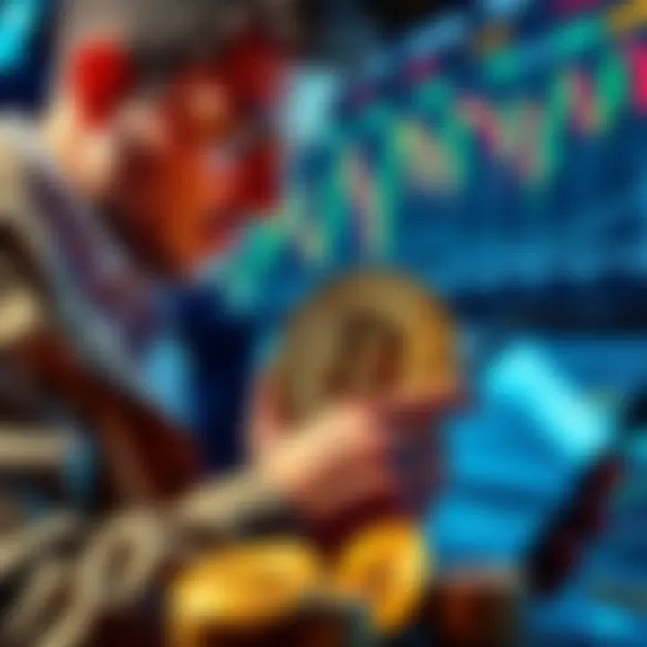 A person analyzing gold, silver coins, and Bitcoin on a digital trading platform