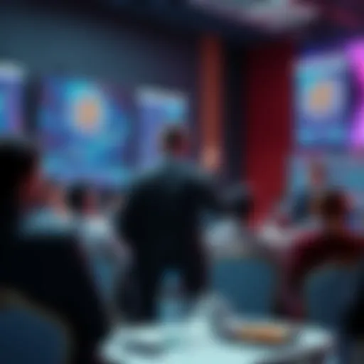 People discussing trading strategies and technical tips in a forum setting, with graphics of financial charts and Lightning Network icons in the background.