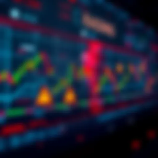 A digital display showing fluctuating trading charts with warning signs, reflecting ongoing trading problems