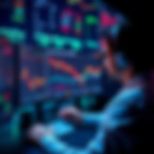 A trader analyzing market data on a computer screen, surrounded by charts and graphs, representing learning and strategy in trading