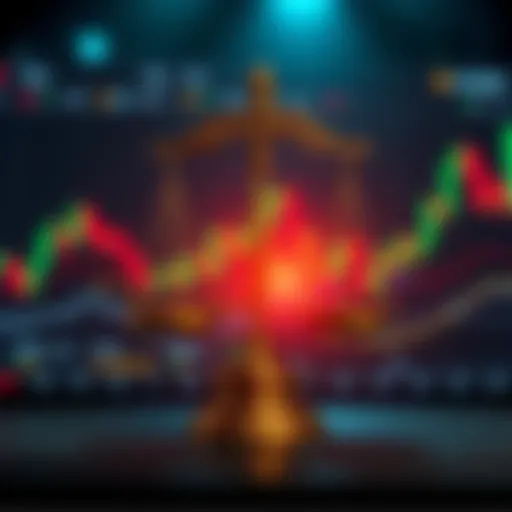 A visual representation of leverage in trading, showing a scale balancing risks and rewards, with charts and currency symbols in the background.