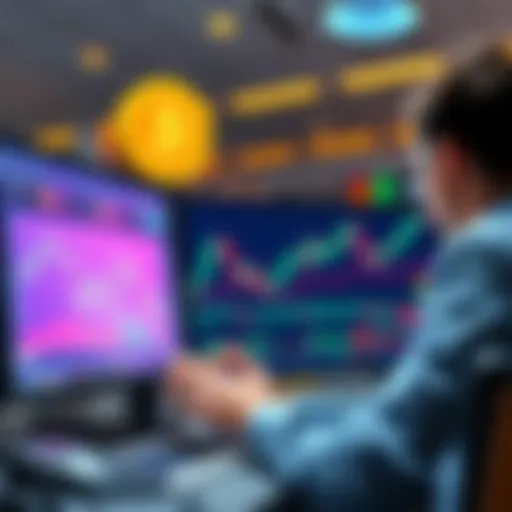 A person engaging in digital trading on a computer, showing charts and rewards symbols, representing the on-chain capital markets.
