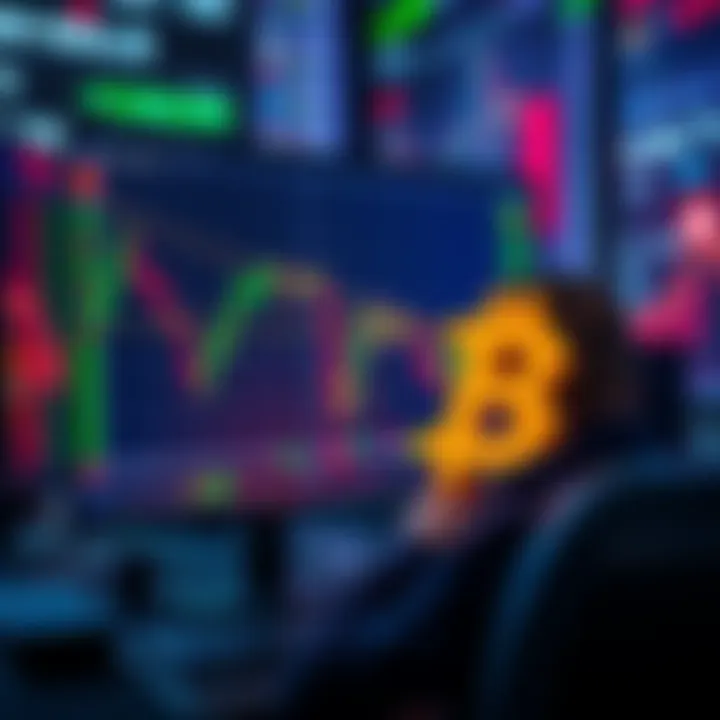 A stock trader analyzing market trends on a computer screen showing a downward trend and Pi symbols