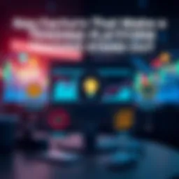 A graphic showing key features of a trading platform, including icons for liquidity, fees, speed, and user interface, with charts in the background.