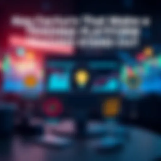 A graphic showing key features of a trading platform, including icons for liquidity, fees, speed, and user interface, with charts in the background.