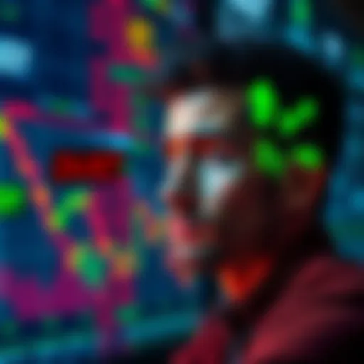A person looking confused while reading trading charts, with symbols for 'buy' and 'bye' highlighted in red and green, representing miscommunication in trading signals.