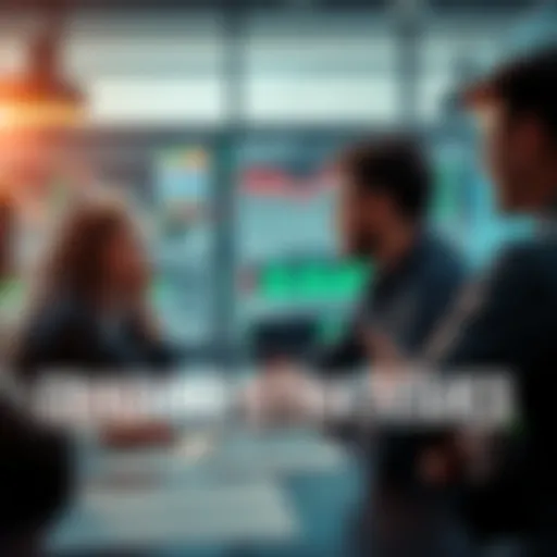 A group of people engaging in a lively discussion about trading strategies and current events, with charts and graphs in the background.
