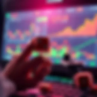 A person analyzing trading charts with a mix of skill and luck represented by dice and skill tools.