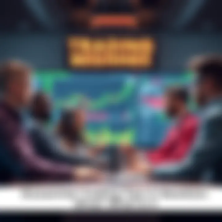 A group of diverse traders discussing strategies with charts and graphs on a screen in front of them