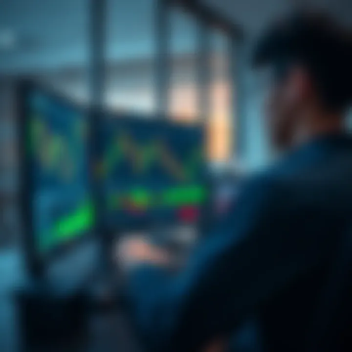 A person analyzing trading charts on a computer screen in a workspace