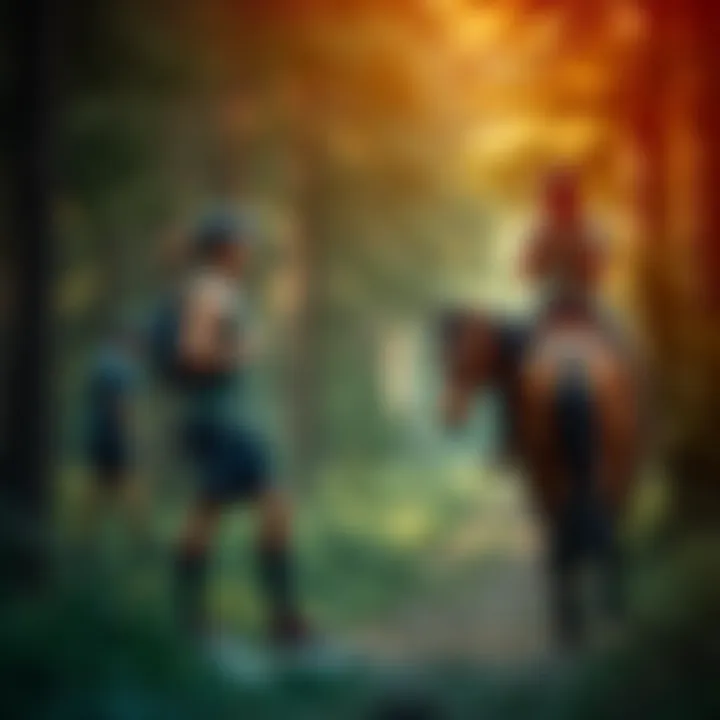 A trail runner stands facing a horse rider, both looking frustrated in a forested area, highlighting a disagreement over trail rules.