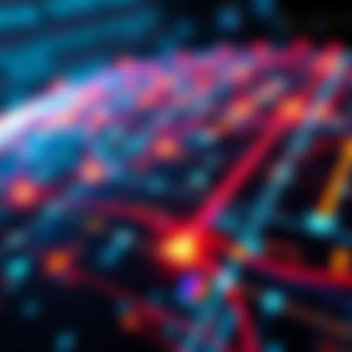 A digital representation of a high-performance chain network with arrows showing transaction routing and performance metrics in a tech-inspired design.