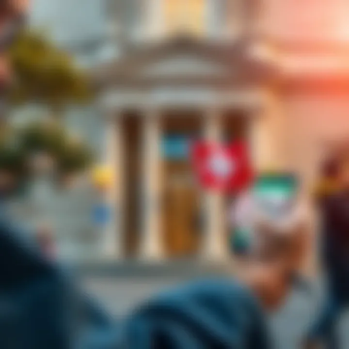 A person using a phone in Italy to transfer CHF to a Revolut account, with a Swiss bank in the background.