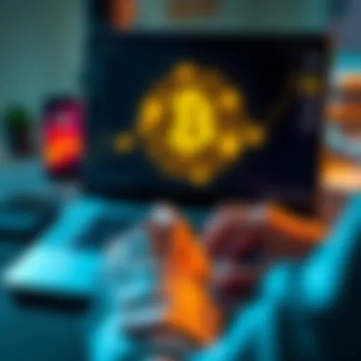A person using a laptop to transfer cryptocurrency from Binance, showing a digital wallet and coins on the screen.