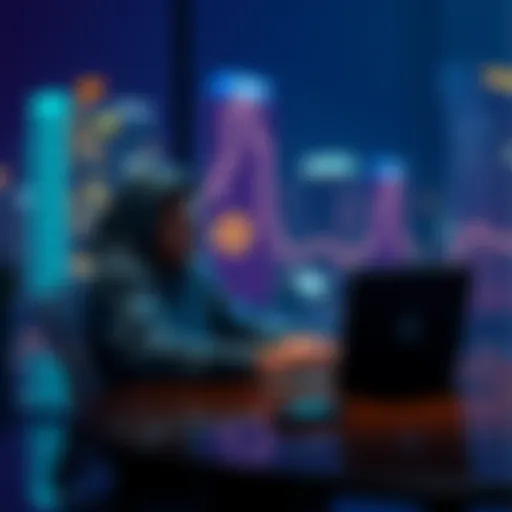 A person sitting at a desk, using a laptop to transfer Bitcoin to a Trezor wallet, with a Trezor device and Bitcoin symbol visible.