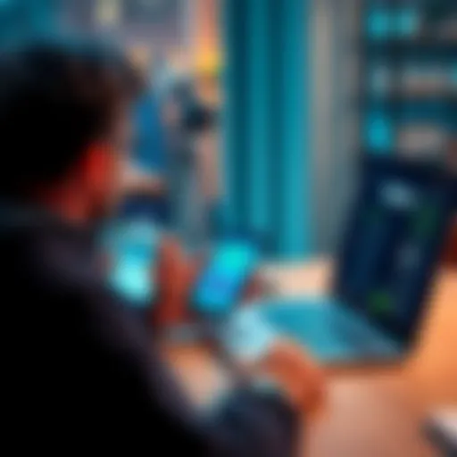 A person using the Revolut app on their smartphone to transfer money to Nexo while sitting at a desk with a laptop.