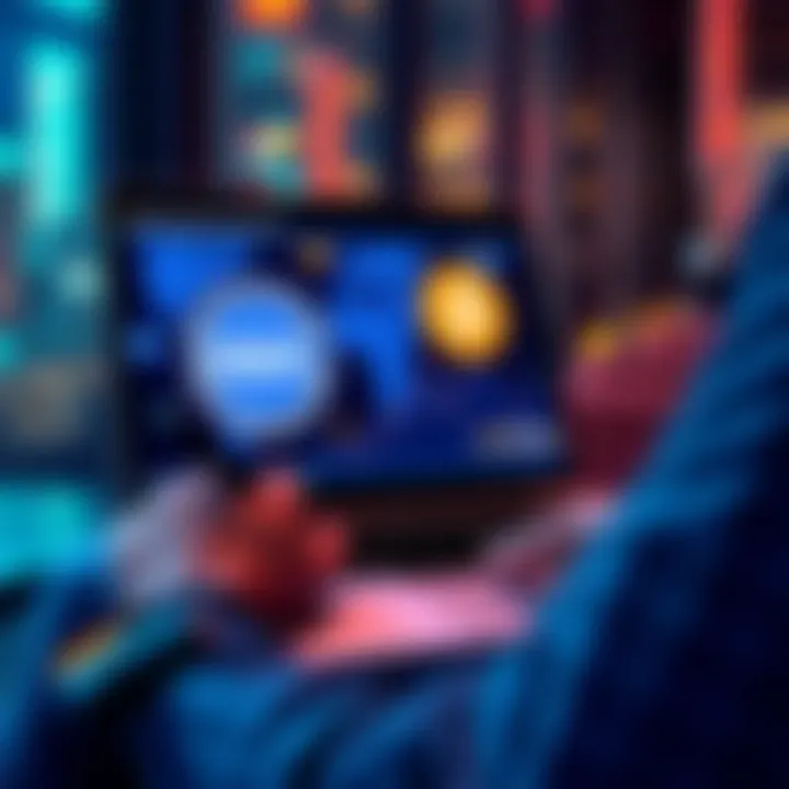 Person using a laptop to transfer cryptocurrency from Exodus Wallet to Coinbase, showing USDC and BTC symbols on screen