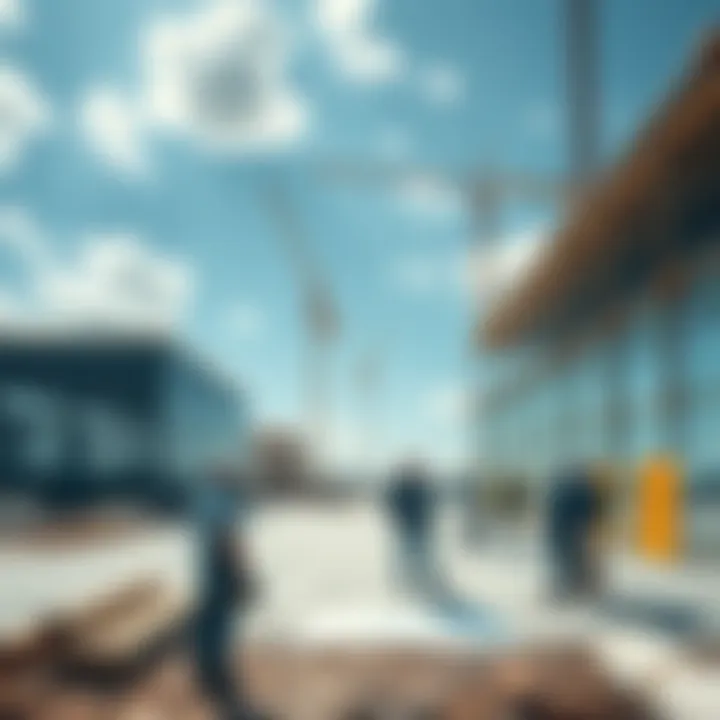 A depiction of a clear and open construction site with people discussing plans, showcasing a doxxed builder and transparency in development.