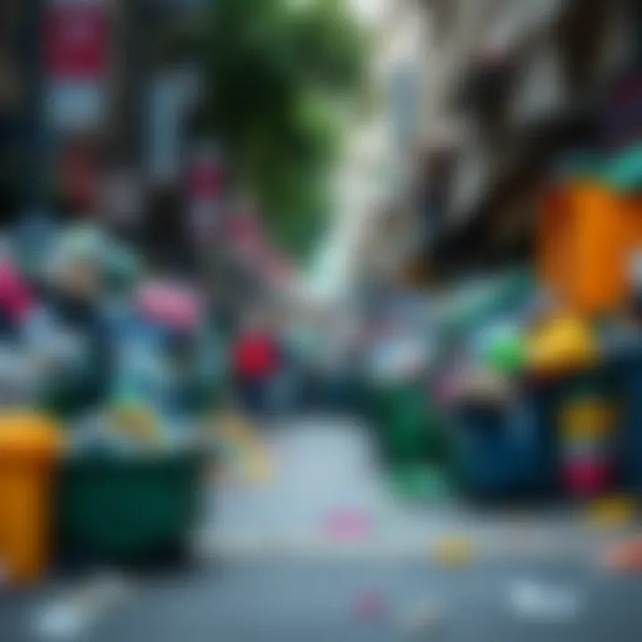 A crowded street with overflowing bins full of garbage, showcasing waste management issues in a community.