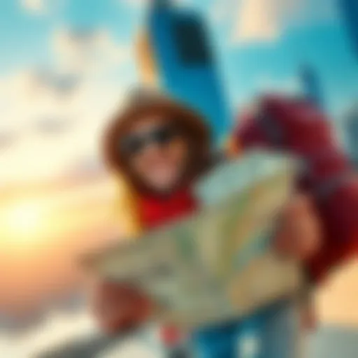 A traveler excitedly holding Atlas Bucks while looking at a map of New York City