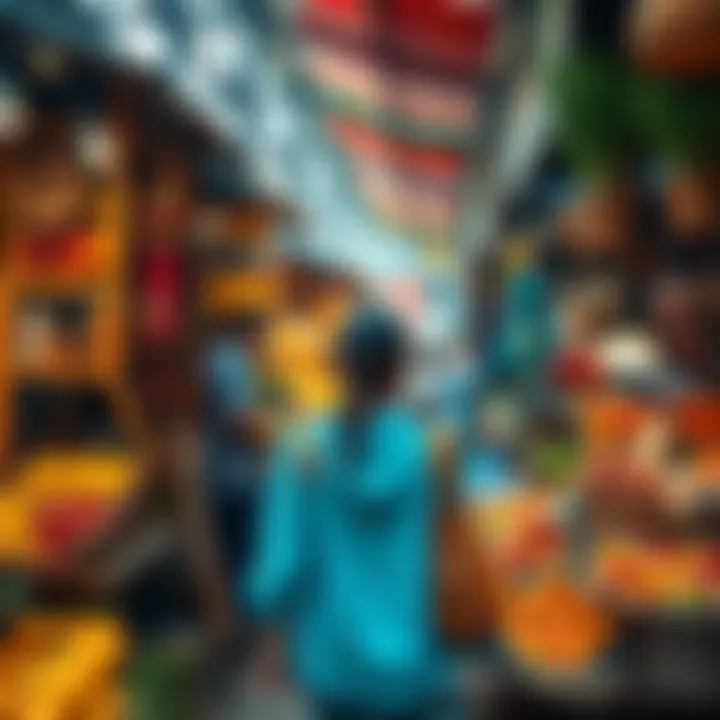 Traveler enjoying a local market A person exploring a lively local market filled with colorful fruits and handmade crafts