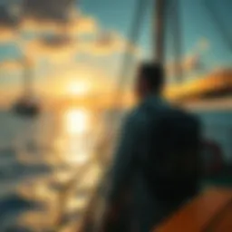 A determined man stands on the deck of a grand ship, gazing into the horizon, reflecting on his life savings invested in the journey ahead.