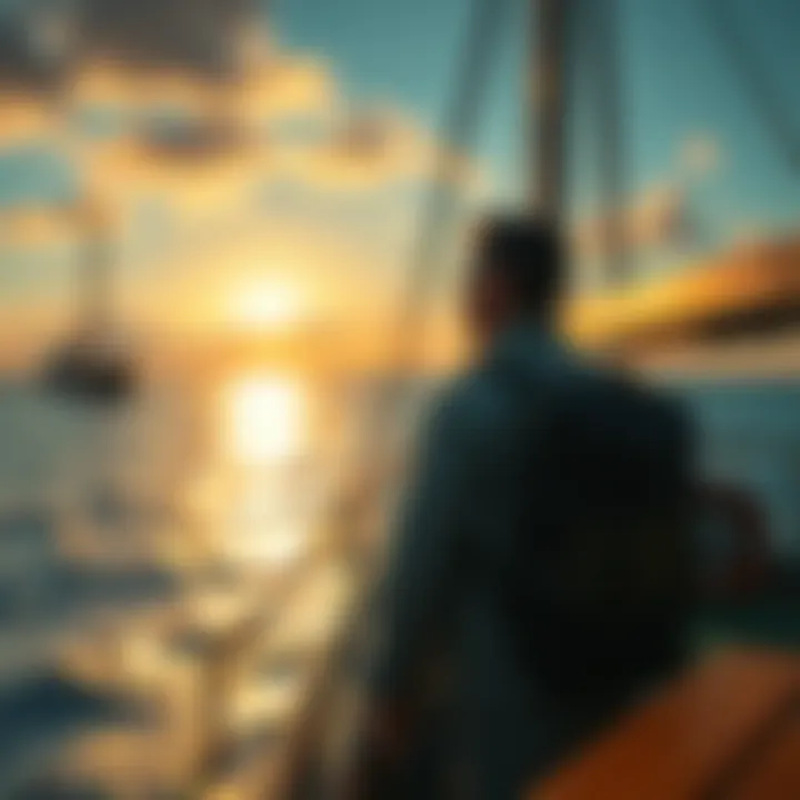 A determined man stands on the deck of a grand ship, gazing into the horizon, reflecting on his life savings invested in the journey ahead.