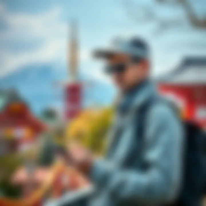 A traveler from Sweden using a mobile phone to manage their Revolut account while in Japan, with a backdrop of traditional Japanese scenery.