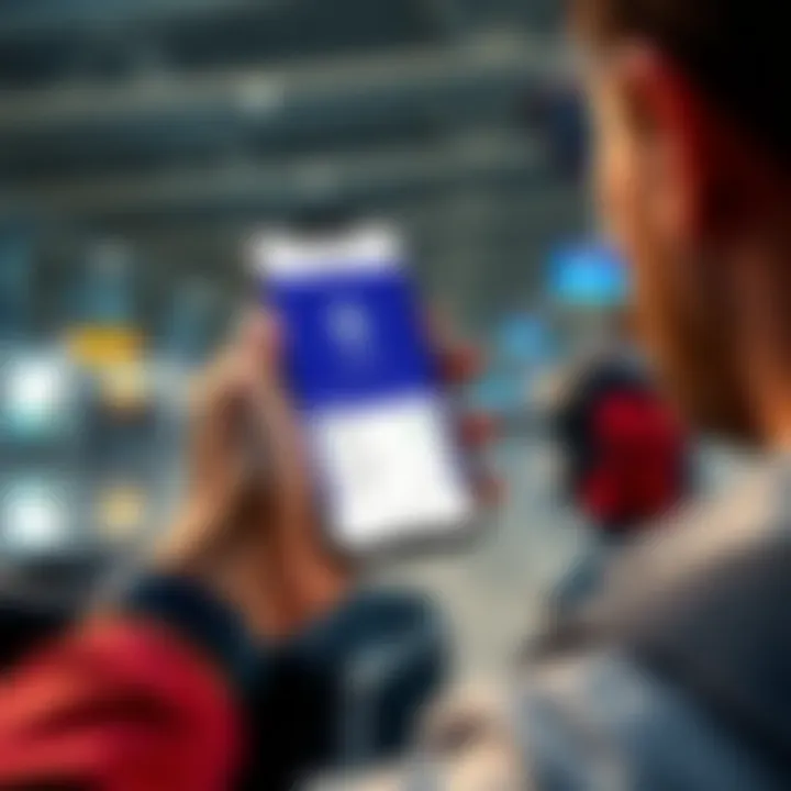 Traveler using ETH for Uber A traveler holding a smartphone displaying an Uber app with a digital wallet showing ETH balance, in an airport setting with luggage nearby.