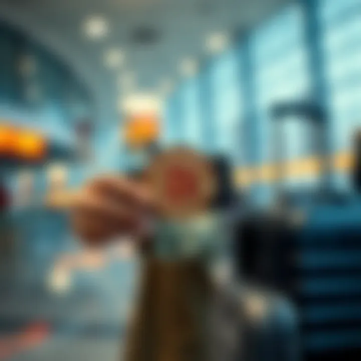 A digital nomad securely holding a Bitcoin wallet while traveling with a suitcase in the background.