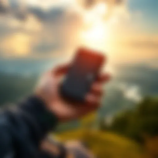 A traveler holding a hardware wallet with a scenic view in the background, symbolizing secure cryptocurrency storage while on the road