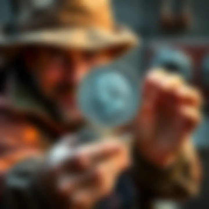 A treasure seeker holds silver coins and a large play nickel, showing excitement after a successful hunt.