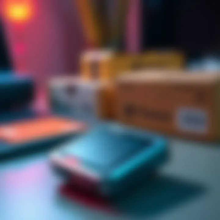 A close-up of a Trezor device with a payment card and shipping box in the background, illustrating the payment and shipping process for purchasing the device.