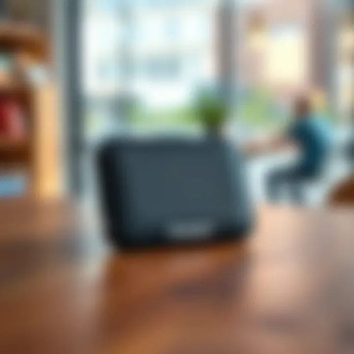 A Trezor Safe 7 hardware wallet placed on a wooden table with a blurred background, showcasing its sleek design and security features.