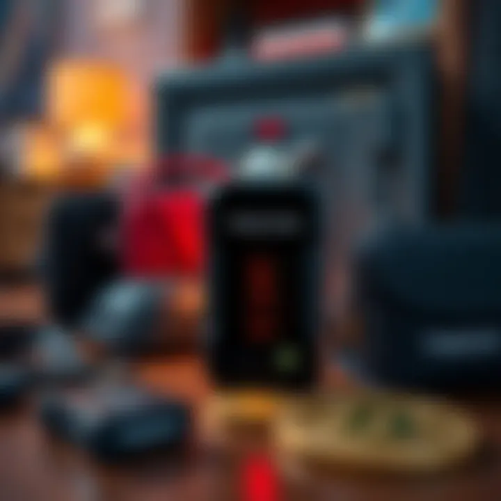 A Trezor Safe 3 displayed with various carrying cases and a home safe in the background, showcasing storage options for Bitcoin security.